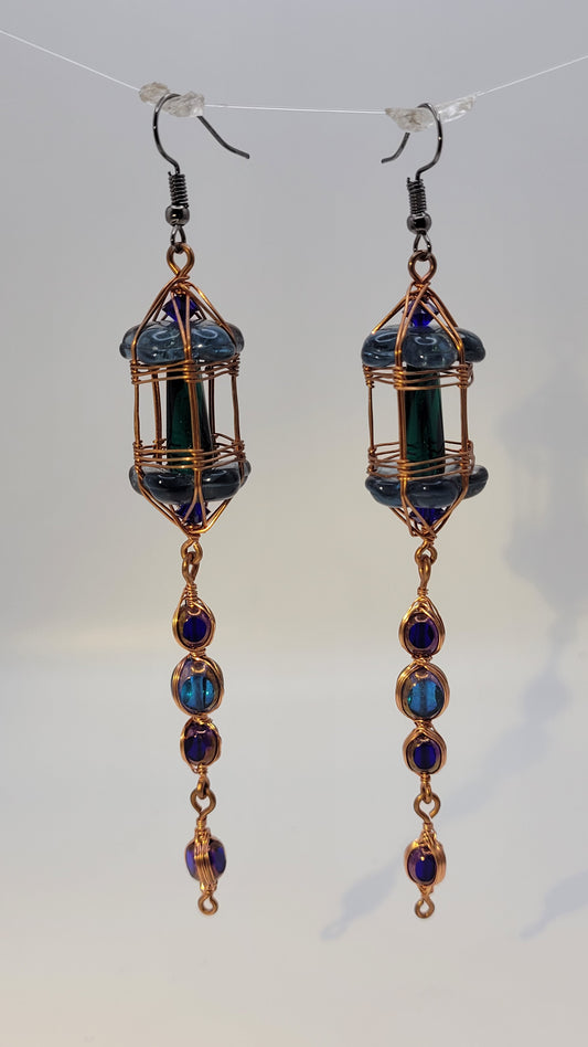 3-tiered WireWrap WizardWeave Lantern Protection Charm earrings with Czech glass and crystal