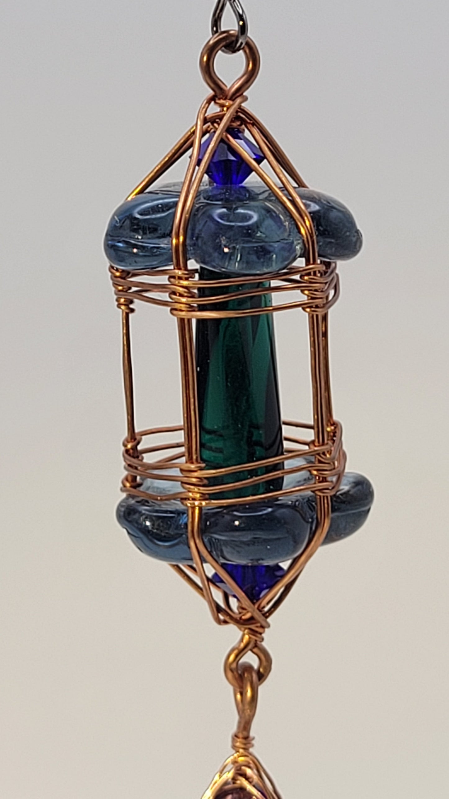 3-tiered WireWrap WizardWeave Lantern Protection Charm earrings with Czech glass and crystal